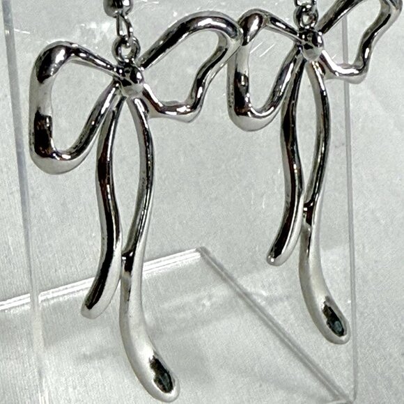 Silver Tone Ribbon Bow Dangle Earrings - Picture 4 of 8